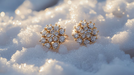 Captivating gold earrings adorned with sparkling diamonds, nestled delicately in soft white snow, create a stunning winter jewelry display.の素材