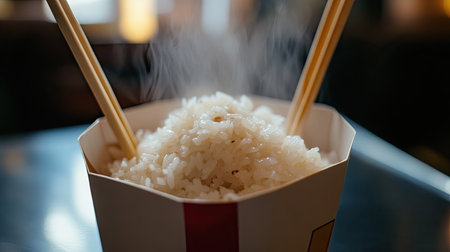 A close-up image of steaming white rice in a traditional takeout box, topped with chopsticks, set against a cozy restaurant backdrop.の素材