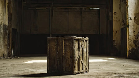This image features an old wooden crate positioned in a deserted industrial environment, illuminated by soft, dramatic light, casting deep shadows on a textured floor.の素材