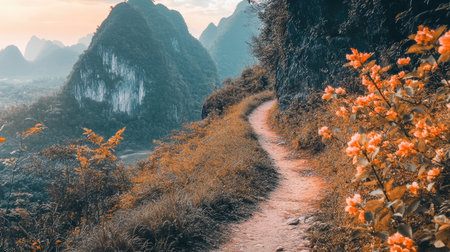 A tranquil pathway meanders through a vibrant landscape adorned with colorful flowers and majestic mountains during golden hour, inviting exploration.の素材