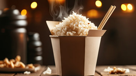 A steaming serving of white rice presented in a takeout box with wooden chopsticks. This inviting image highlights the warmth and comfort of Asian cuisine, making it perfect for food-related content.の素材