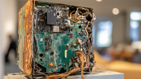 This image showcases a vintage electronics device with a rusted exterior and exposed circuitry, set against a modern interior backdrop. The contrast highlights technology decay.の素材