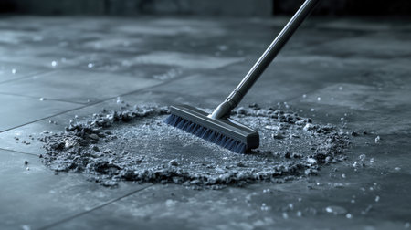 A broom is used to clean an indoor floor, effectively sweeping away dust and debris. The image highlights cleaning efforts in a renovation or maintenance scenario.の素材