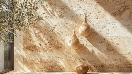 A serene and elegant interior scene featuring earthy decor elements, soft shadows, and warm natural textures, ideal for design inspiration.の素材