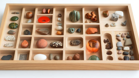 A beautifully arranged wooden tray filled with a diverse assortment of natural stones and rocks, showcasing their unique colors and textures. Perfect for decor.の素材