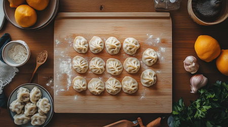 A stunning overhead view of freshly prepared dumplings lined up on a wooden surface, surrounded by vibrant ingredients including garlic and lemons, showcasing the art of homemade cooking.の素材