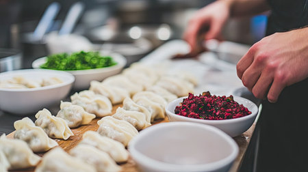 A chef skillfully prepares dumplings filled with fresh ingredients in a bustling kitchen, showcasing the artistry of culinary techniques and flavors.の素材