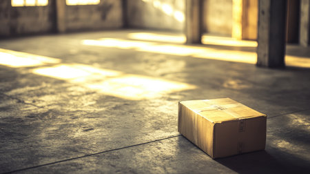 An abandoned industrial room features a solitary cardboard box resting on the concrete floor, illuminated by warm sunlight. The atmosphere conveys solitude and calmness.の素材