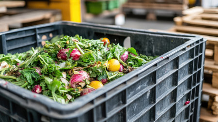 A black plastic bin overflows with freshly discarded vegetable scraps and organic waste, exemplifying the importance of sustainability in urban farming and waste management.の素材