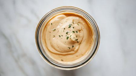 This image showcases a creamy beige sauce in a jar, elegantly topped with fresh herbs, perfect for enhancing flavors in various dishes.の素材