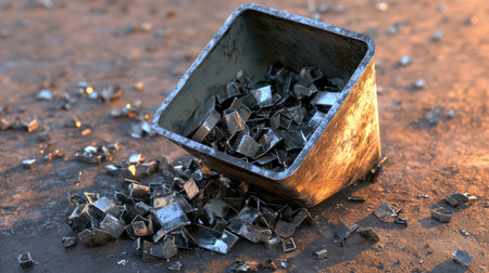 A rustic metal container lies overturned on a dusty surface, scattering shiny metal debris across the ground, showcasing an industrial aesthetic and rugged textures.の素材