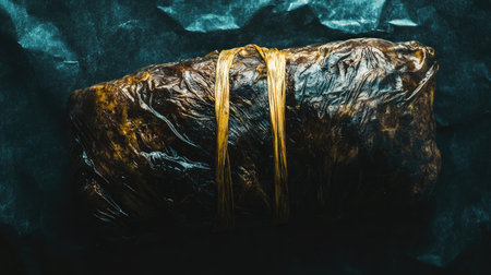 This image features a beautifully wrapped food item, highlighting its glossy texture against a dark background, perfect for culinary presentations.の素材