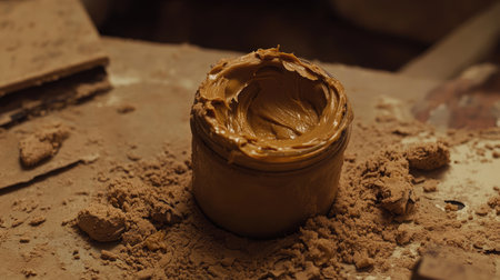 A jar of smooth peanut butter rests on a rustic wooden surface, surrounded by crumbs. This image captures the delicious texture and rich aroma, ideal for food-related projects.の素材