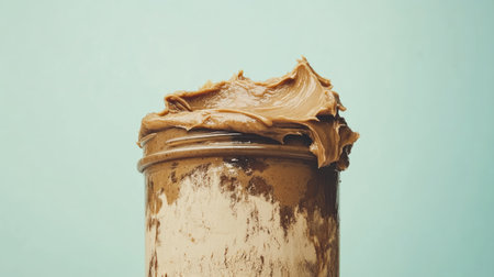 A close-up image of creamy peanut butter in a glass jar set against a soft blue background, perfect for showcasing food, cooking, and healthy lifestyle themes.の素材