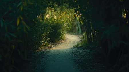 A picturesque bamboo pathway meanders through a lush, green forest, inviting exploration and offering a moment of serenity amidst nature's quiet beauty.の素材