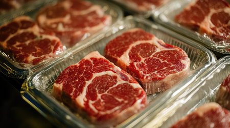 A close-up view of neatly packaged raw beef steaks in transparent trays, showcasing their rich marbling, promising quality for meat lovers and chefs.の素材
