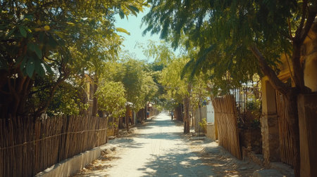 Discover a serene dirt road surrounded by lush greenery and rustic fences, capturing the beauty and tranquility of rural living and peaceful escapes.の素材