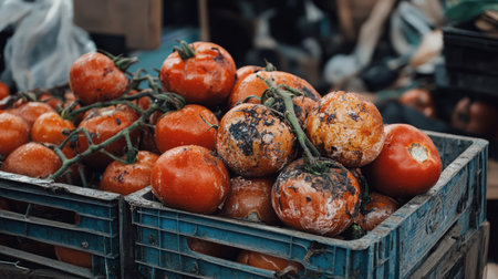 Vibrant display of ripe tomatoes with varied textures at a rustic market, showcasing natural produce in an earthy setting and highlighting local agriculture.の素材