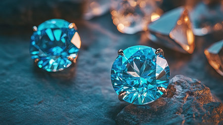 This stunning close-up features exquisite blue gemstones that exude luxury and elegance, beautifully reflecting light against a dark surface.の素材
