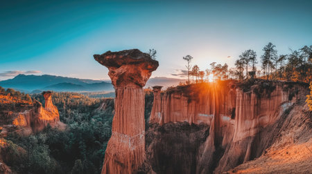 Witness a breathtaking sunrise illuminating a striking rock formation amidst a serene landscape. The vibrant colors and unique geological features create a tranquil scene perfect for nature lovers.の素材