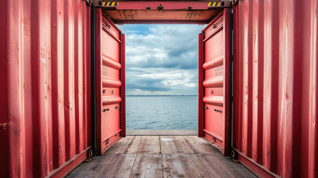 This captivating image features an open red shipping container revealing a tranquil ocean and cloudy sky, evoking feelings of adventure and freedom.の素材