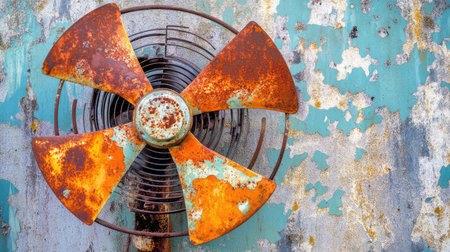 A close-up of a vintage fan with rust and peeling paint against a weathered wall, showcasing the beauty of decay and industrial design elements.の素材