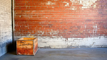 This image features a rustic wooden box positioned against a textured red brick wall, ideal for showcasing vintage decor or minimalist designs.の素材