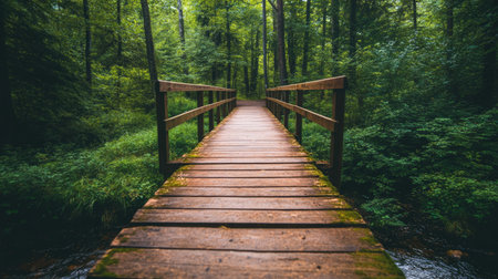 A peaceful wooden bridge stretches through a vibrant green forest, inviting exploration and adventure amid lush foliage and serene surroundings.の素材