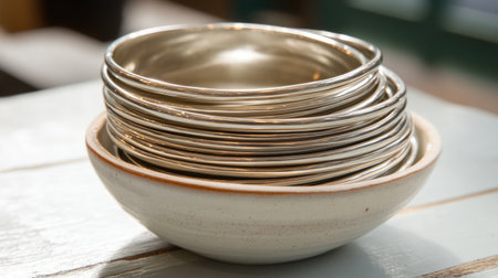 This image showcases a carefully arranged stack of shiny metal rings resting in a beautiful ceramic bowl, bringing modern elegance to any setting.の素材