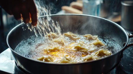 A captivating scene of fresh dumplings frying in hot oil, with water being sprinkled, creating beautiful steam and enticing aromas in a vibrant kitchen.の素材