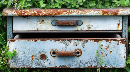 This image features a weathered vintage drawer adorned with rust and surrounded by lush green plants, showcasing a unique blend of decay and beauty in nature.の素材