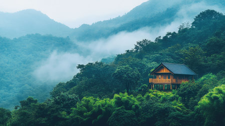 A peaceful wooden retreat nestled among lush greenery and misty mountains, perfect for anyone seeking solitude in nature's embrace. Explore serene landscapes!の素材