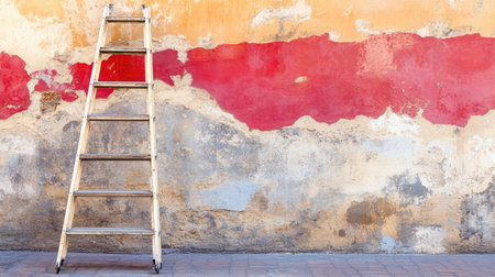 A wooden ladder stands against a beautifully textured wall featuring vibrant red and yellow colors. This composition is perfect for creative projects, home renovation themes, or artistic presentations, offering a fresh and minimalistic perspective.の素材
