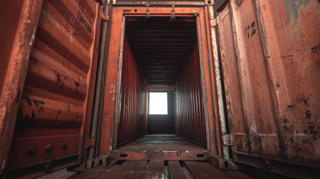 This image captures the view inside an empty shipping container with open doors, revealing a bright light source. The perspective highlights the industrial setting, emphasizing the container's interior space and rugged metal texture.の素材