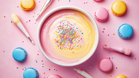 A vibrant and colorful scene showcasing a bowl of whipped cream adorned with sprinkles, surrounded by macarons on a pastel pink background, creating a joyful dessert atmosphere.の素材
