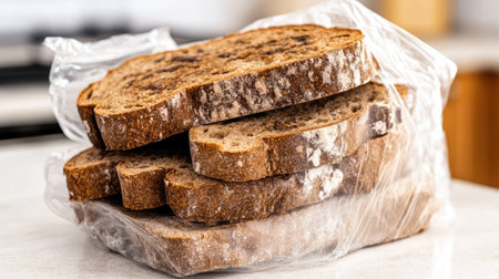 A close-up image of freshly sliced whole grain bread packed in a plastic bag, set on a clean kitchen countertop, perfect for culinary projects.の素材