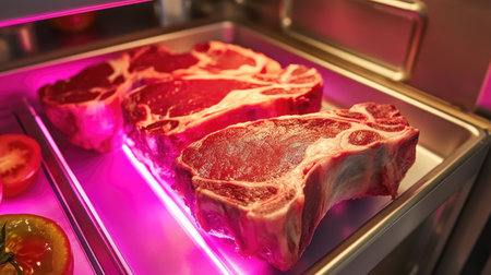 Fresh beef steaks showcased in a modern refrigerator, illuminated by soft pink lighting, highlight the rich color and texture, ideal for culinary visuals.の素材