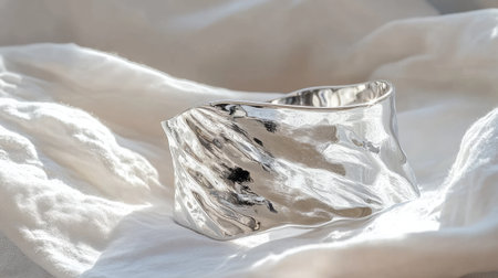 A stunning silver bracelet artfully displayed on soft fabric, showcasing its unique design and texture illuminated by natural light. Perfect for fashion enthusiasts.の素材