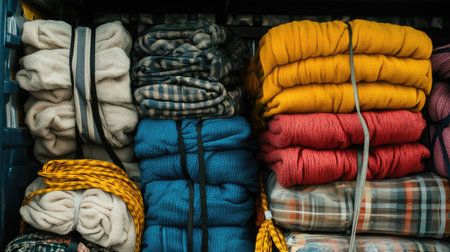 This image features an organized display of colorful blankets, showcasing a variety of textures and patterns, perfect for adding warmth and style to any space.の素材