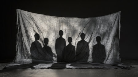 This evocative image captures the shadows of individuals cast on a textured fabric, creating a captivating atmosphere that evokes mystery and artistic expression.の素材