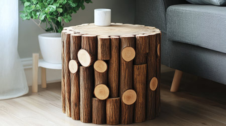This rustic wooden coffee table, made from natural logs, features a round top ideal for cozy living spaces. It combines charm with modern aesthetics, enhancing any interior.の素材