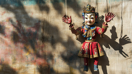 A captivating traditional puppet showcases vibrant colors and intricate details, hanging gracefully against a textured backdrop, casting a playful shadow.の素材
