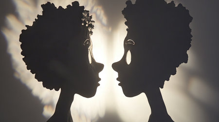 This striking silhouette artwork features two contemplative figures with curly hair, bathed in soft light. The contrast creates a sense of connection and reflection.の素材
