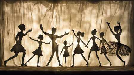 A captivating silhouette scene showcases dancers in elegant poses behind backlit fabric, creating an artistic display of movement and creativity.の素材
