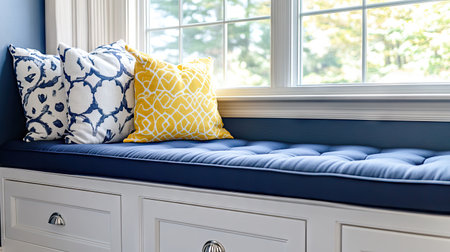 This cozy window bench features colorful cushions in vibrant patterns, creating a warm and inviting atmosphere in a bright interior space.の素材