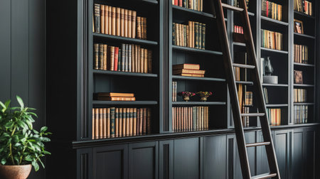 A beautifully designed home library featuring dark wooden bookshelves filled with vintage books. A stylish ladder complements the tranquil reading environment, perfect for relaxation and inspiration.の素材