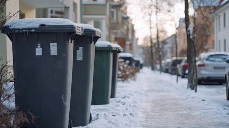 A picturesque winter street view featuring lined trash bins on a snowy sidewalk, accompanied by parked cars, creating a calm urban atmosphere.の素材
