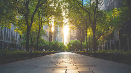 A tranquil urban scene showcasing a wide pathway flanked by lush trees, illuminated by warm sunlight filtering through the city skyline.の素材