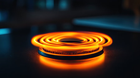 An intriguing image showcasing swirling flames creating dynamic patterns on a dark surface. The vibrant orange light enhances the visual appeal, illustrating energy and movement.の素材