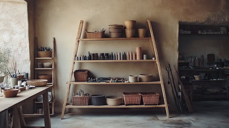 A serene workshop interior featuring wooden shelves filled with pottery tools and supplies, bathed in natural light. This space inspires creativity and craftsmanship.の素材